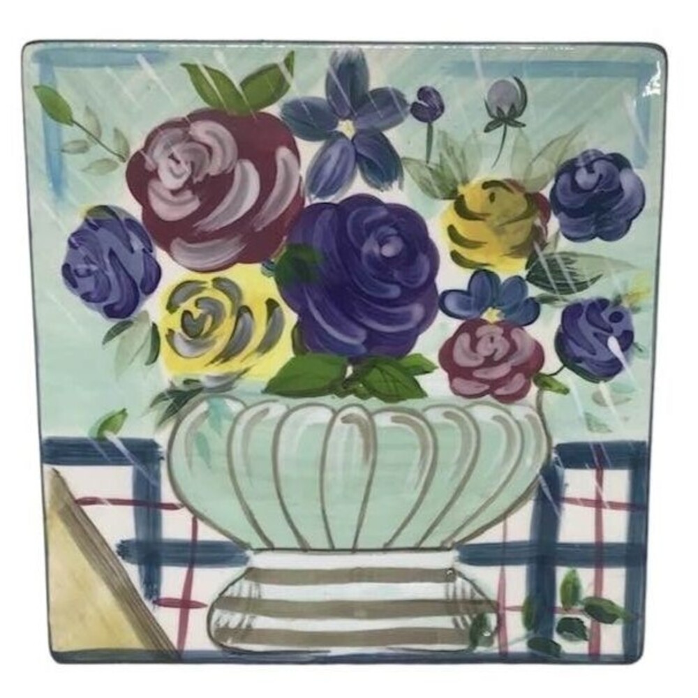 Lillian Vernon Decorative Hanging Wall Plate Platter Vase Flowers Teal Blue Tile